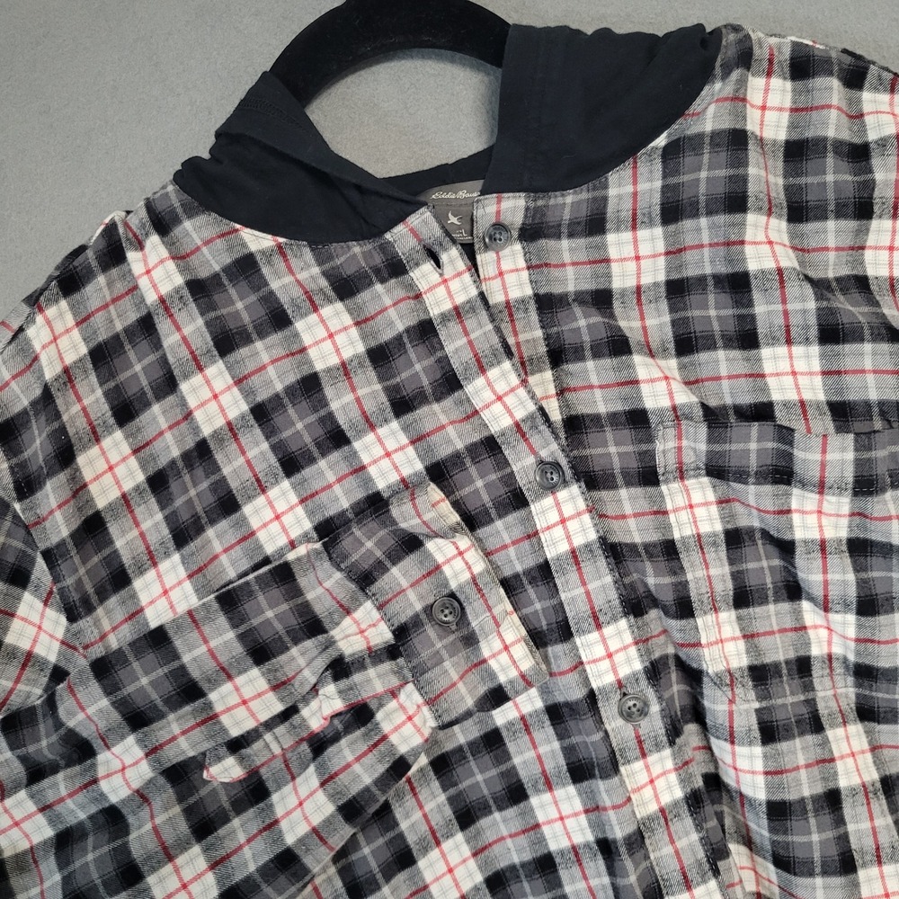 Eddie Bauer Womens Flannel Hooded Button Up Plaid Size L Black White Red